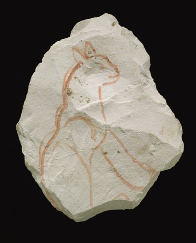 Ostracon Depicting a Seated Cat by Egyptian 19th Dynasty